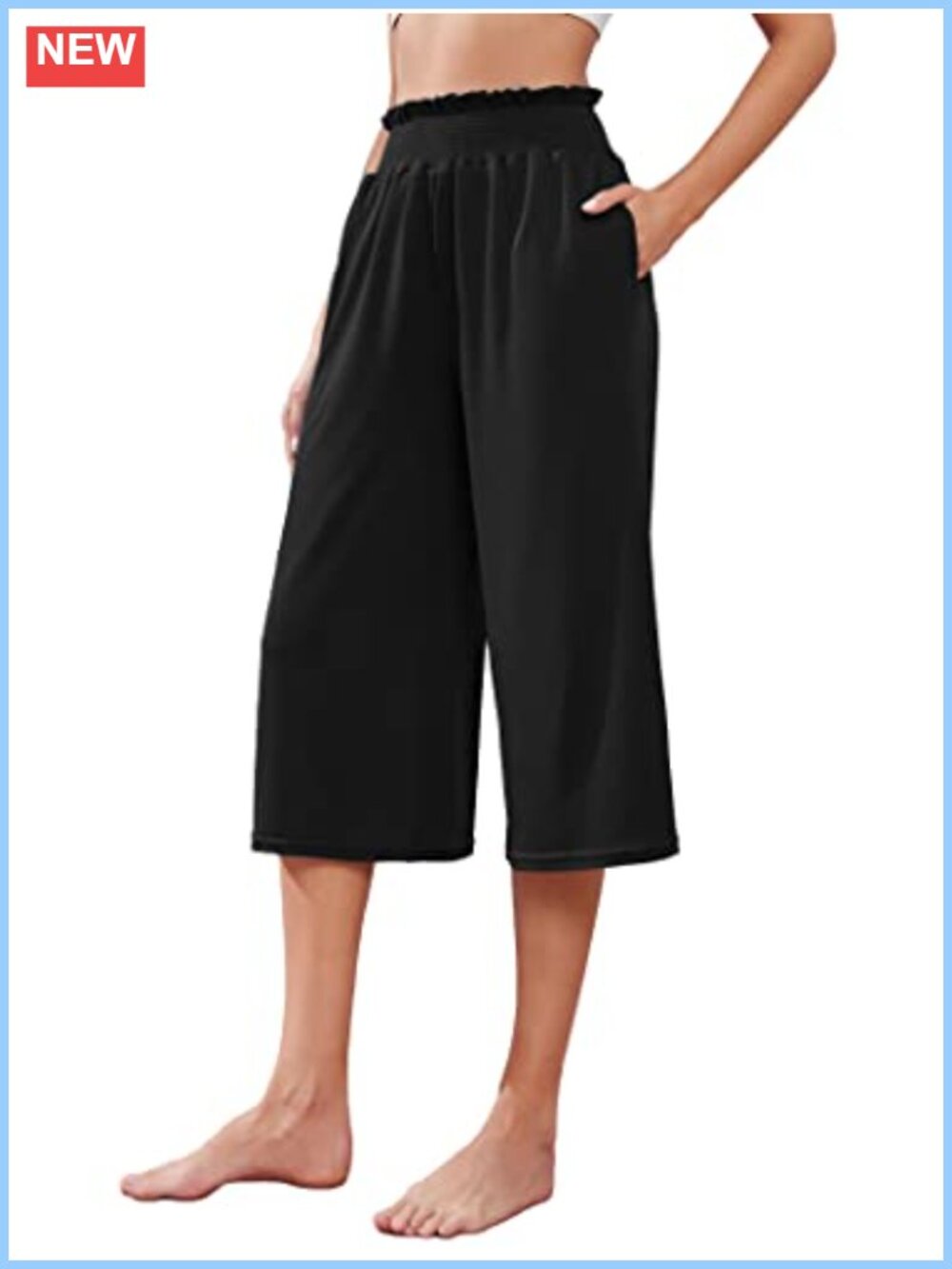 Wide Leg Capri Yoga Pants Loose High Rise Ruffle Pockets